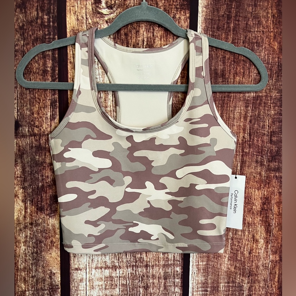 Calvin Klein Performance | NWT Camo Print Scoop Neck Crop Top - Picture 2 of 9
